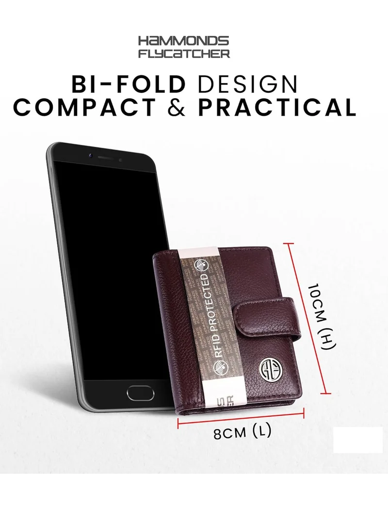 HAMMONDS FLYCATCHER Leather Card Holder for Men, Credit Card Holder, Slim Bi-Fold RFID Protected Credit Card Wallet for Men with 18 Card Slots, Metal Snap Button - Redwood Brown | D5PR