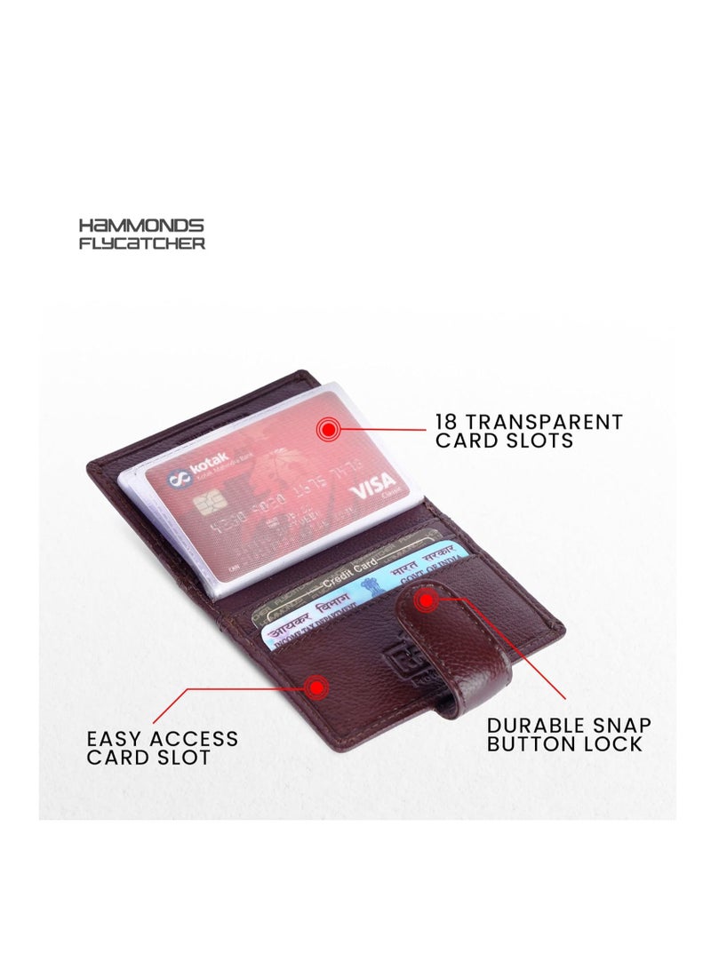  هاموندز فلاي كاتشر حامل بطاقات جلدي للرجال، حامل بطاقات الائتمان، محفظة بطاقات ائتمان رفيعة ثنائية الطي ومحمية بتقنية RFID للرجال مع 18 فتحة للبطاقات، زر معدني - بني خشب أحمر | D5PR - Image 3
