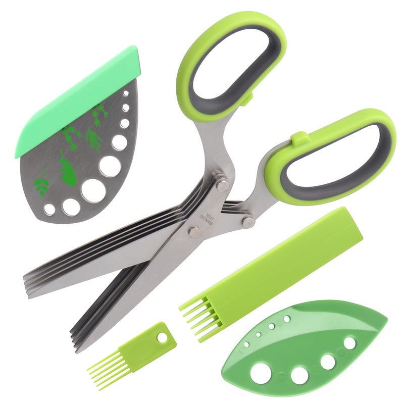 LUVCOSY Herb Scissors Premium Stainless Steel 5 Blade Kitchen Salad Scissors Dishwasher Safe Sharp and Convenient 5 Blade with Safety Cover Herb Stripping Tool and Cleaning Comb