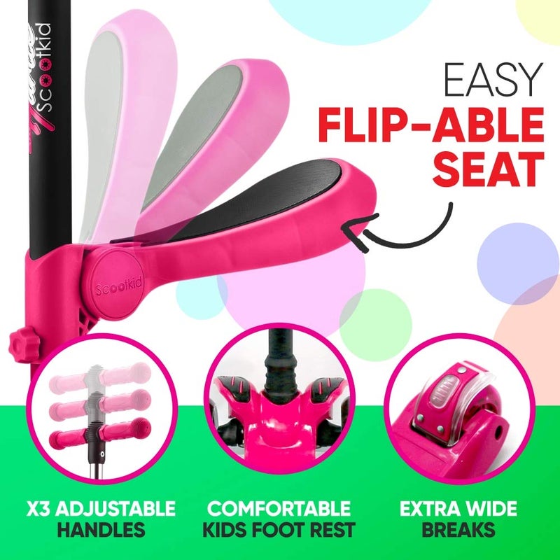 Hurtle 3 Wheeled Scooter for Kids - 2-in-1 Sit/Stand Child Toddlers Toy Kick Scooters w/ Flip-out Seat, Adjustable Height, Wide Deck, Flashing Wheel Lights, For Boys/Girls 1 Year Old+ (Pink) - Image 5