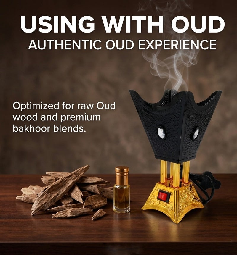 GOOAS Luxury Hexagonal Electric Incense Burner Oud Mabkhara with Safety On/ Off Switch and Power Indicator Light for Home, Office and celebrations Decor - Black - Image 2