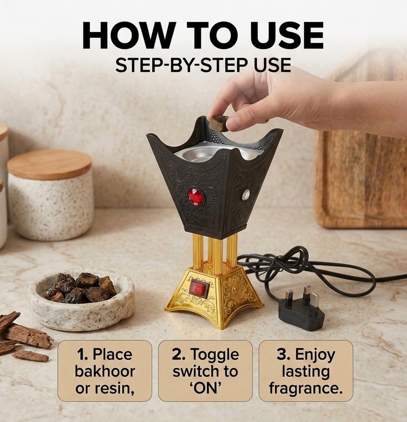 GOOAS Luxury Hexagonal Electric Incense Burner Oud Mabkhara with Safety On/ Off Switch and Power Indicator Light for Home, Office and celebrations Decor - Black - Image 4