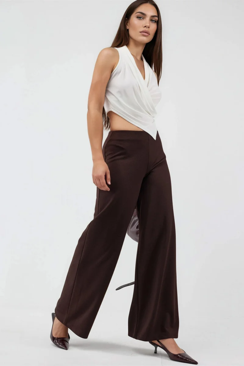 Busem Coffee Brown BUSEM High Waist Wide Leg Trousers for Women | Best Price UAE