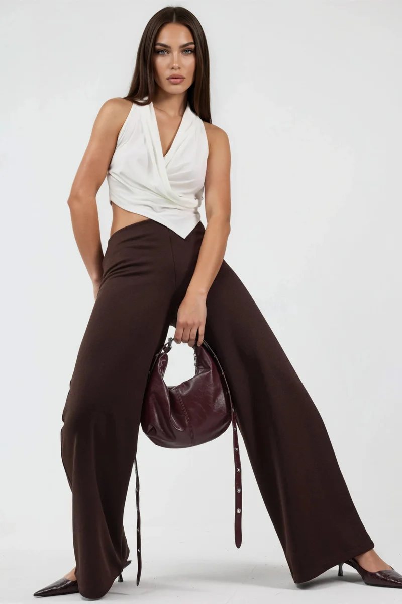 Busem Coffee Brown BUSEM High Waist Wide Leg Trousers for Women | Best Price UAE