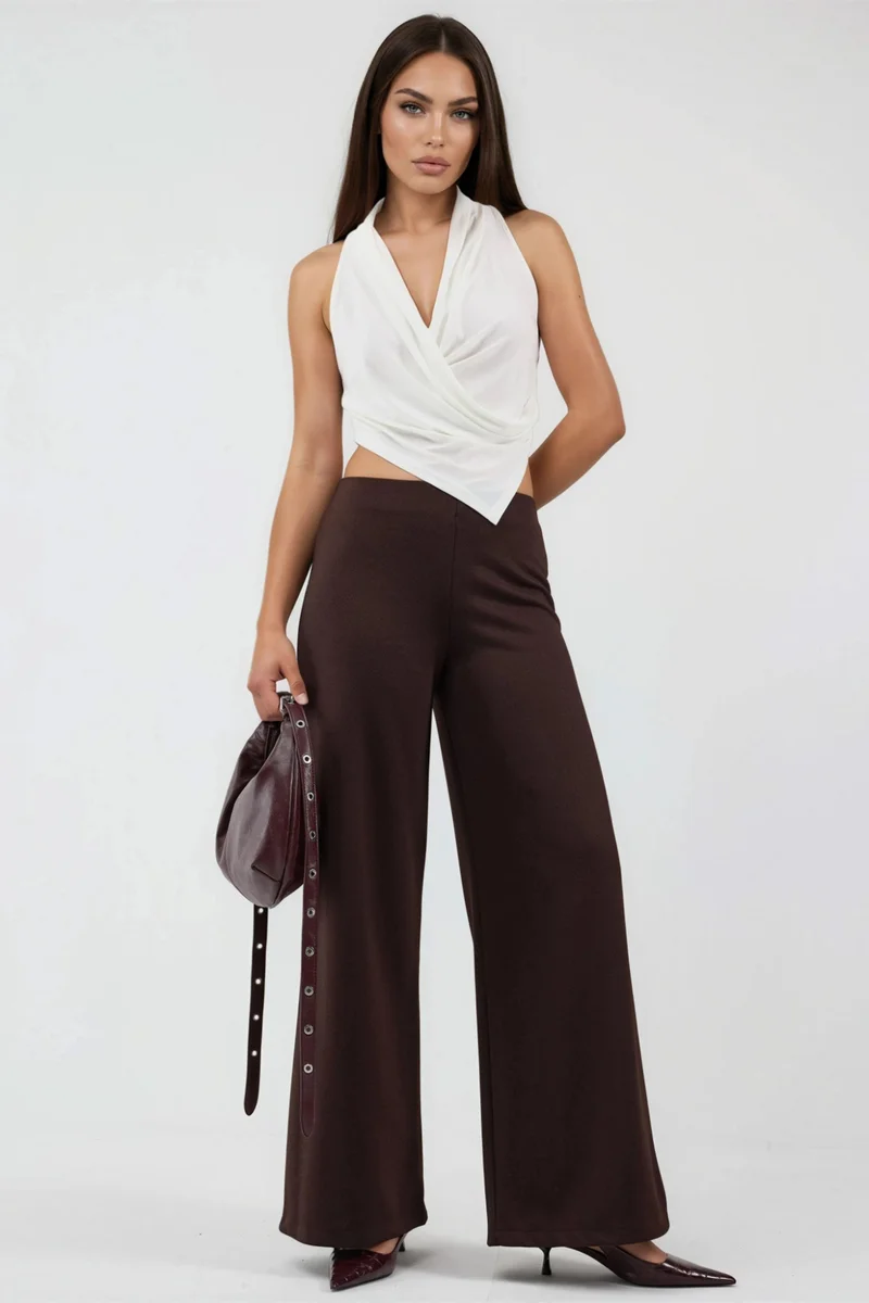 Busem Coffee Brown BUSEM High Waist Wide Leg Trousers for Women | Best Price UAE