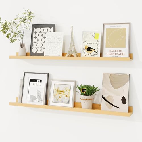 Fun Memories Picture Ledge Shelf Solid Pine Wood Floating Shelves Set of 2 32 Inches Nursery Book Shelves for Toys Storage Kids Bookshelf Wall Mounted for Living Room Bedroom Decor Books Photo Frames Natural - Image 1