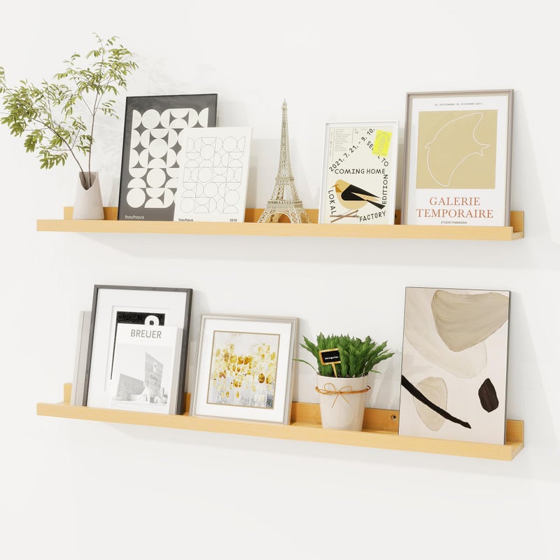 Fun Memories Picture Ledge Shelf Solid Pine Wood Floating Shelves Set of 2 32 Inches Nursery Book Shelves for Toys Storage Kids Bookshelf Wall Mounted for Living Room Bedroom Decor Books Photo Frames Natural - Image 2