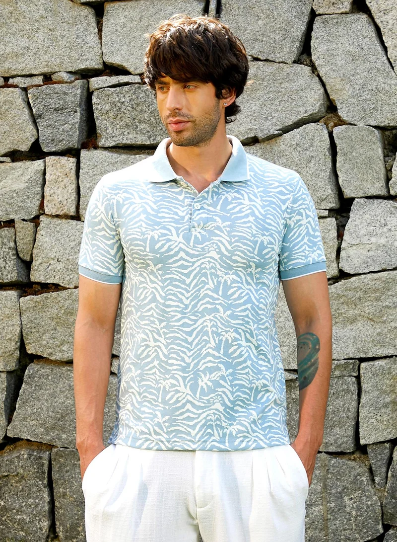 CAHOOT Men's Baby Blue Abstract T-Shirt For Casual Wear | Polo Collar | Short Sleeve | Button Closure | Cotton Blend T-Shirt Crafted With Comfort Fit For Everyday Wear