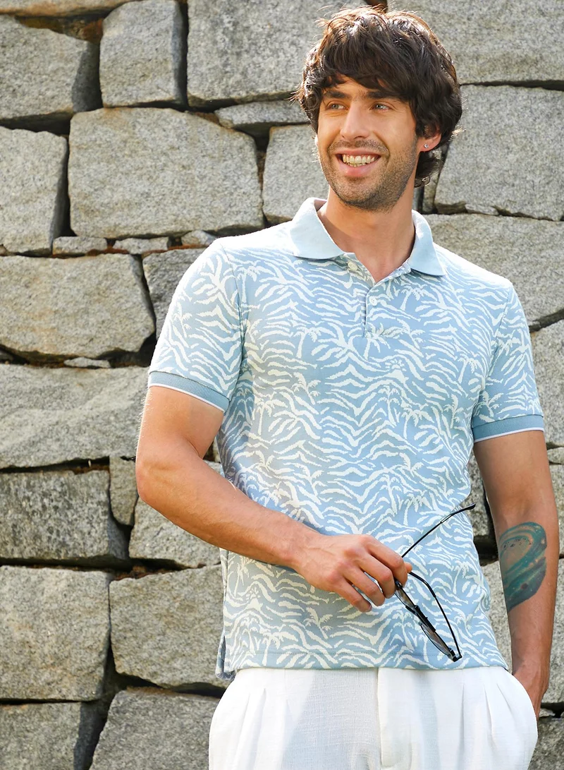 CAHOOT Men's Baby Blue Abstract T-Shirt For Casual Wear | Polo Collar | Short Sleeve | Button Closure | Cotton Blend T-Shirt Crafted With Comfort Fit For Everyday Wear