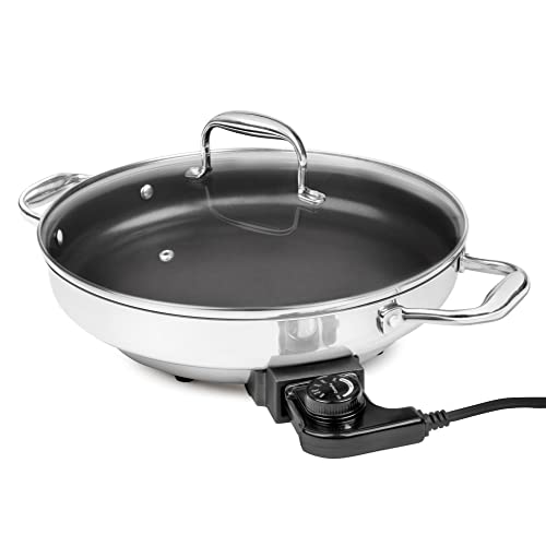 CucinaPro Electric Skillet By CucinaPro- 18/10 Stainless Steel, Frying Pan w Non Stick Interior, Tempered Glass Lid w Handles, 12" Round, Temperature Control Probe for Adjustable Heat Settings, Portable, Gift - Image 1