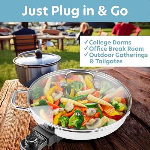 CucinaPro Electric Skillet By CucinaPro- 18/10 Stainless Steel, Frying Pan w Non Stick Interior, Tempered Glass Lid w Handles, 12" Round, Temperature Control Probe for Adjustable Heat Settings, Portable, Gift - Image 5