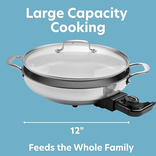 CucinaPro Electric Skillet By CucinaPro- 18/10 Stainless Steel, Frying Pan w Non Stick Interior, Tempered Glass Lid w Handles, 12" Round, Temperature Control Probe for Adjustable Heat Settings, Portable, Gift - Image 2