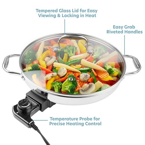 CucinaPro Electric Skillet By CucinaPro- 18/10 Stainless Steel, Frying Pan w Non Stick Interior, Tempered Glass Lid w Handles, 12" Round, Temperature Control Probe for Adjustable Heat Settings, Portable, Gift - Image 3