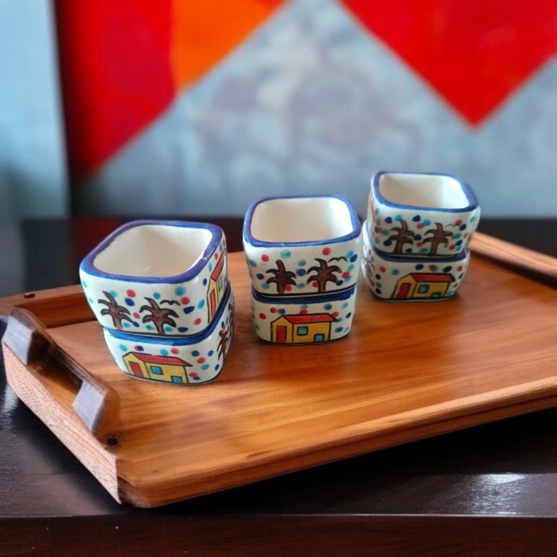 MALAIKAH Ceramic Hut Printed Square Shape Bowl Chutney Bowls for Serving Dip Bowls (Set of 6, 80 ML, Multicolored, Dishwasher Safe) | Hand Painted Bowls for Kitchen Dining Table Bowl Set - Image 4