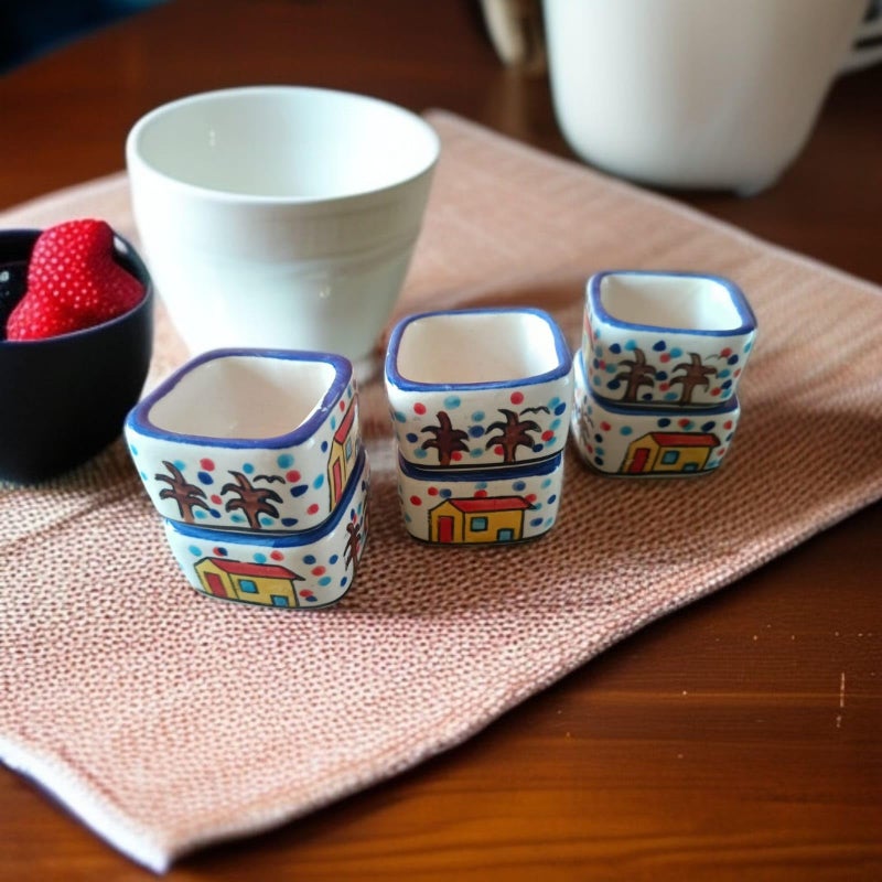 MALAIKAH Ceramic Hut Printed Square Shape Bowl Chutney Bowls for Serving Dip Bowls (Set of 6, 80 ML, Multicolored, Dishwasher Safe) | Hand Painted Bowls for Kitchen Dining Table Bowl Set - Image 3