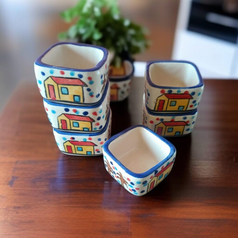 MALAIKAH Ceramic Hut Printed Square Shape Bowl Chutney Bowls for Serving Dip Bowls (Set of 6, 80 ML, Multicolored, Dishwasher Safe) | Hand Painted Bowls for Kitchen Dining Table Bowl Set - Image 2