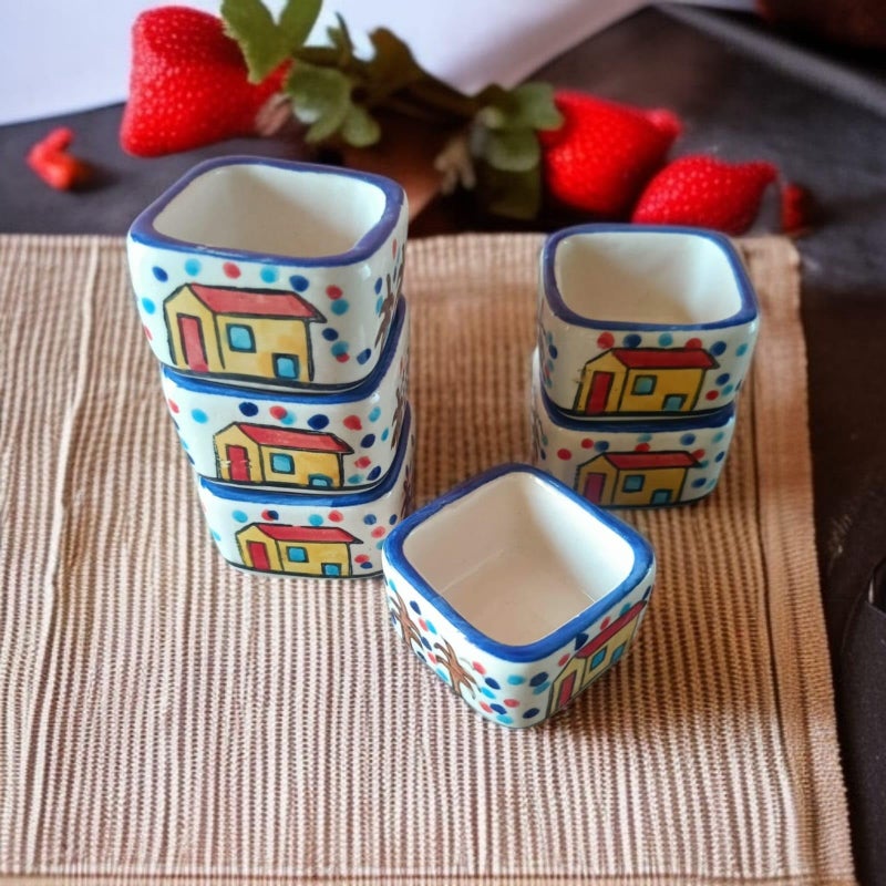 MALAIKAH Ceramic Hut Printed Square Shape Bowl Chutney Bowls for Serving Dip Bowls (Set of 6, 80 ML, Multicolored, Dishwasher Safe) | Hand Painted Bowls for Kitchen Dining Table Bowl Set - Image 1
