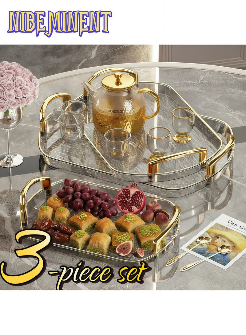 NIBEMINENT طقم صينية تقديم فاخر من 3 قطع للقهوة والشاي السعودي | تصميم أنيق متعرج ومضاد للتسرب مع مقابض مصقولة - Image 1
