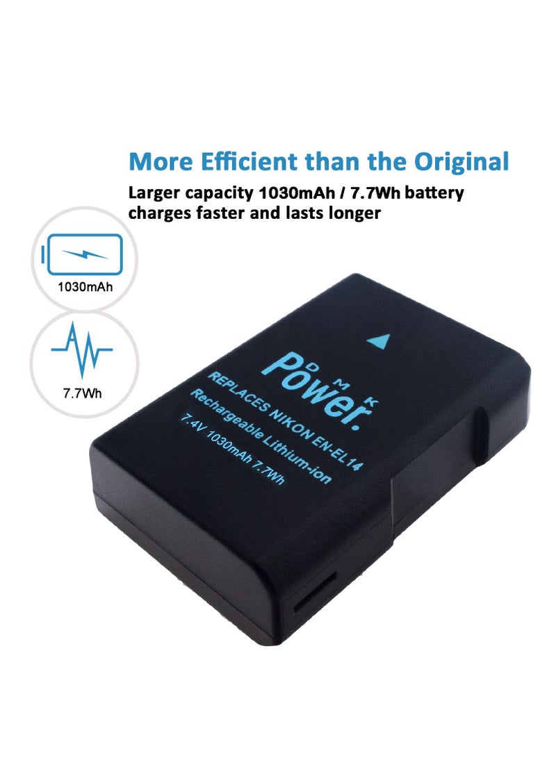 DMK Power EN-EL14 Battery 1030mAh 7.7Wh with TC600C Battery Charger Compatible with Nikon D5600 D5500 D5200 D5300 D5100 D3400 D3300 D3200 D3100 Coolpix P7000 P7100 P7200 P7700 P7800 Cameras - Image 2