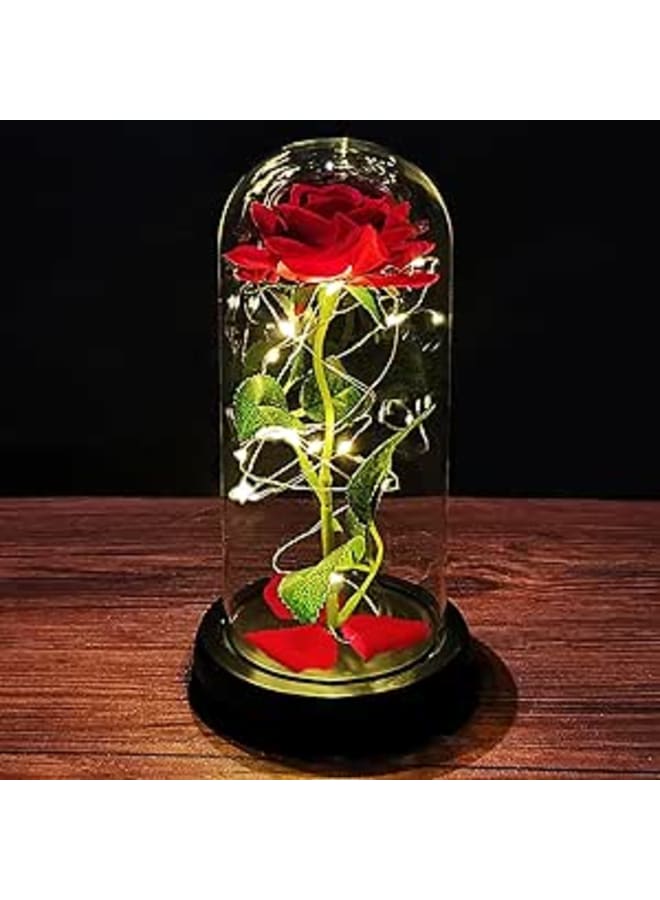 Generic Red Silk Rose and Led Light in Glass Dome on Base Forever Rose Flower Romantic Home Decor for Valentines Mothers Day Wedding Anniversary Birthday Gift for Her 