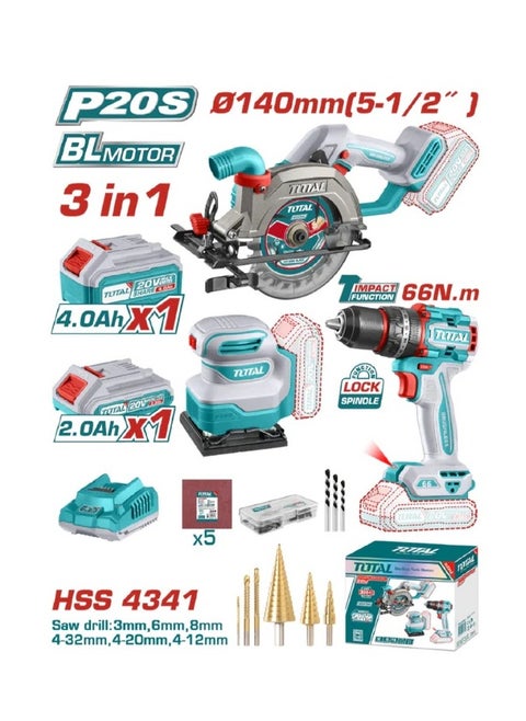 Total Cordless 3 PCS Combo Kit 20V – Includes Circular Saw, Brushless Impact Drill, and Sheet Sander – Perfect for Construction & DIY Projects