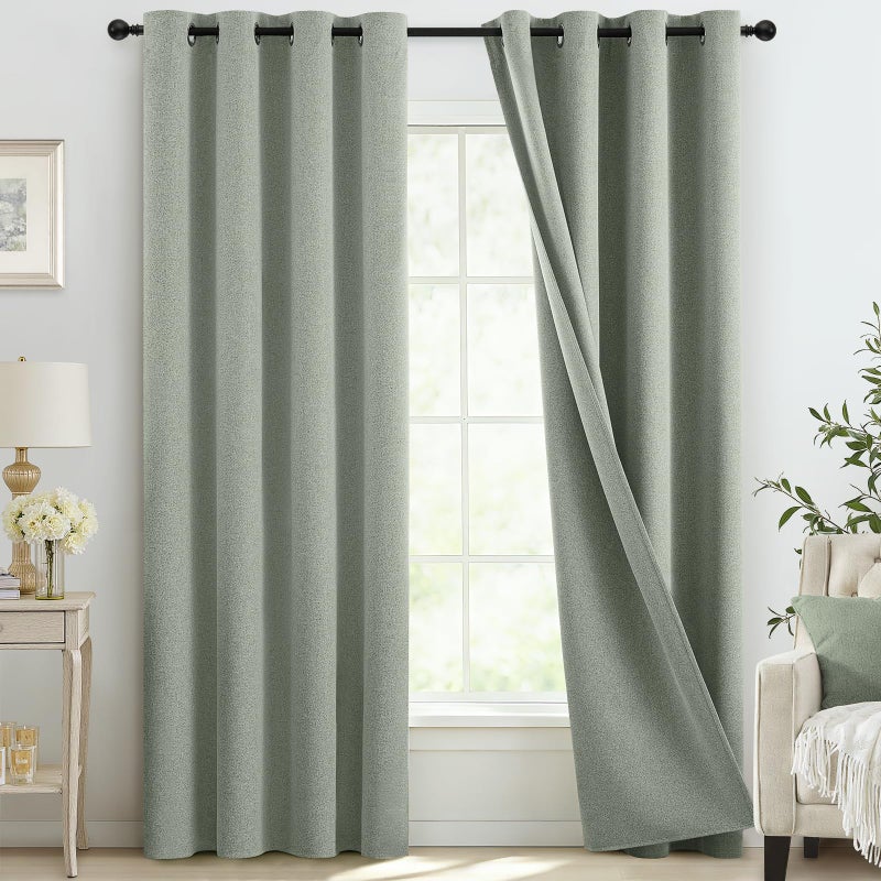 COSVIYA 100% Blackout Sage Green Linen Curtains & Drapes 84 Inch Length 2 Panels Set, Full Room Darkening Grommet Insulated Thermal Window Panels for Bedroom/Living Room,52x84 inches - Image 1