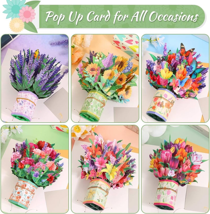 Caffox 6 Pack Paper Flower Pop Up Cards, Flower Bouquet Card Popup 3D Greeting Cards for Mother's Day, Graduation, Anniversary, Birthday, Congratulations, Get Well, Home Decor, with Envelope and Note - Image 3