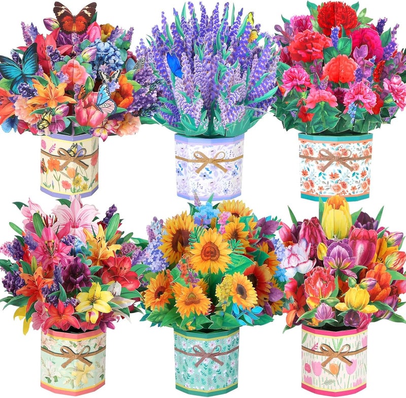 Caffox 6 Pack Paper Flower Pop Up Cards, Flower Bouquet Card Popup 3D Greeting Cards for Mother's Day, Graduation, Anniversary, Birthday, Congratulations, Get Well, Home Decor, with Envelope and Note - Image 1