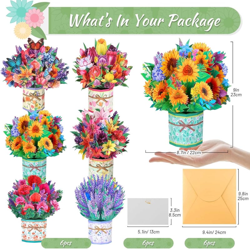 Caffox 6 Pack Paper Flower Pop Up Cards, Flower Bouquet Card Popup 3D Greeting Cards for Mother's Day, Graduation, Anniversary, Birthday, Congratulations, Get Well, Home Decor, with Envelope and Note - Image 4