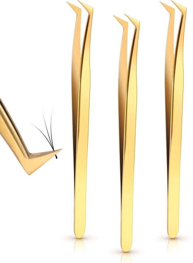Mudder 3 Pieces Volume Tweezers Eyelash Extension Tweezers Curved 6A Tip False Lash Tweezers Stainless Steel Precision Tweezers for Individual and 3D 6d Volume Eyelash Extension (Gold) - Image 1