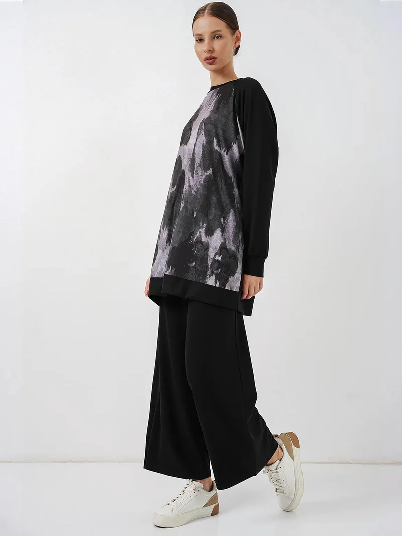 Big Dart Black BDART Oversize Abstract Print Crew Neck Tunic & Pants Set for Women | Best Price UAE