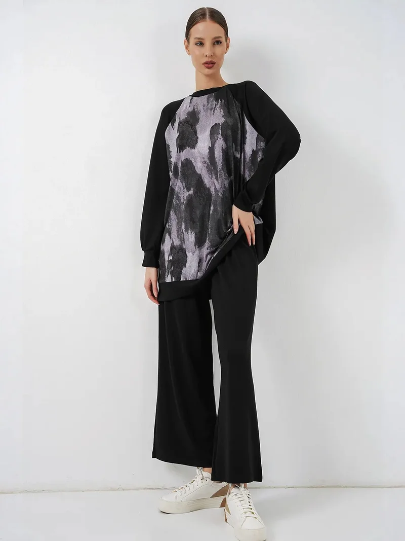 Big Dart Black BDART Oversize Abstract Print Crew Neck Tunic & Pants Set for Women | Best Price UAE