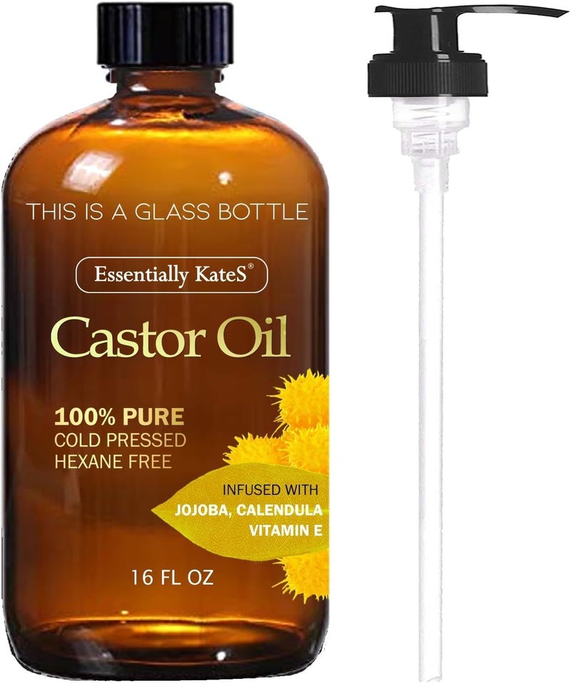 Castor Oil 16 Fl Oz Glass Bottle  Jojoba  Calendula  Vitamin E  A Huge Glass Bottle with a Pump  100 Pure and Natural Cold Pressed and HexaneFree  Hair Oil Body Oil