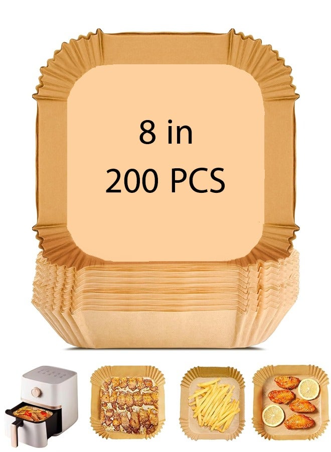 ELLEGLAM 200 Pcs 8” Square Unbleached Heavy Duty Air Fryer Paper Liners Disposable, Non-Stick & Non-Leak Parchment Paper Liners for Airfryer Basket, Deep Fryer Parts & Accessories - Image 1