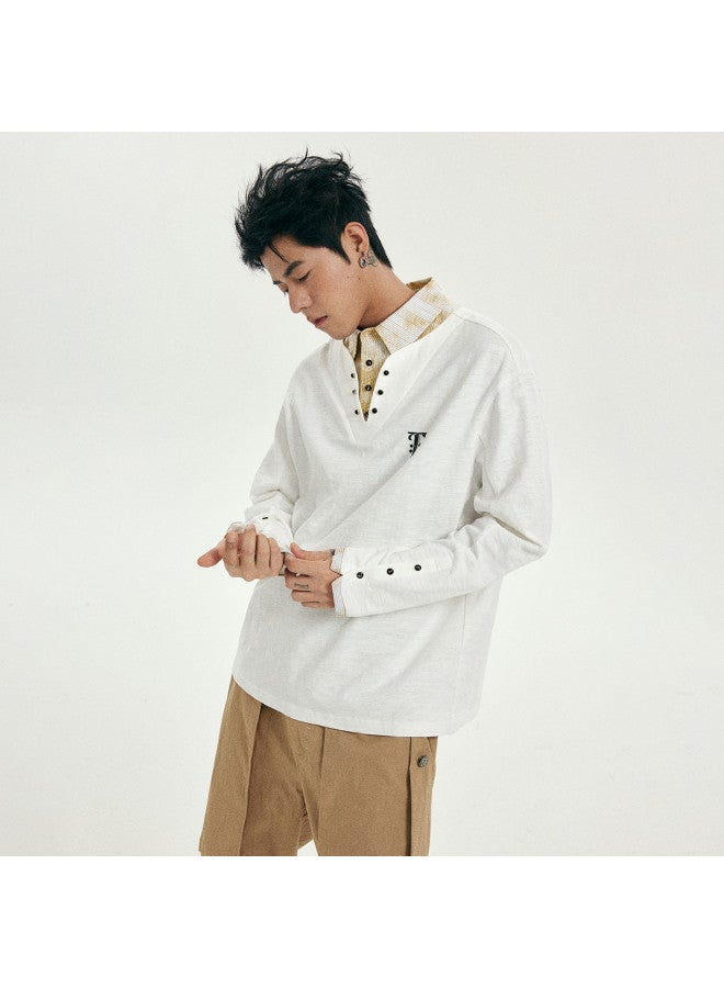 EPTISON 100% Cotton Vintage Breathable Slub Cotton Henley Neckline Fake Two-piece Long Sleeve T-shirt For Men - Image 3