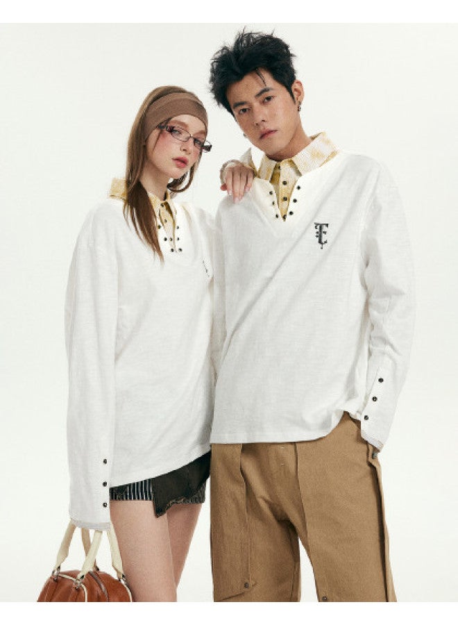 EPTISON 100% Cotton Vintage Breathable Slub Cotton Henley Neckline Fake Two-piece Long Sleeve T-shirt For Men - Image 1