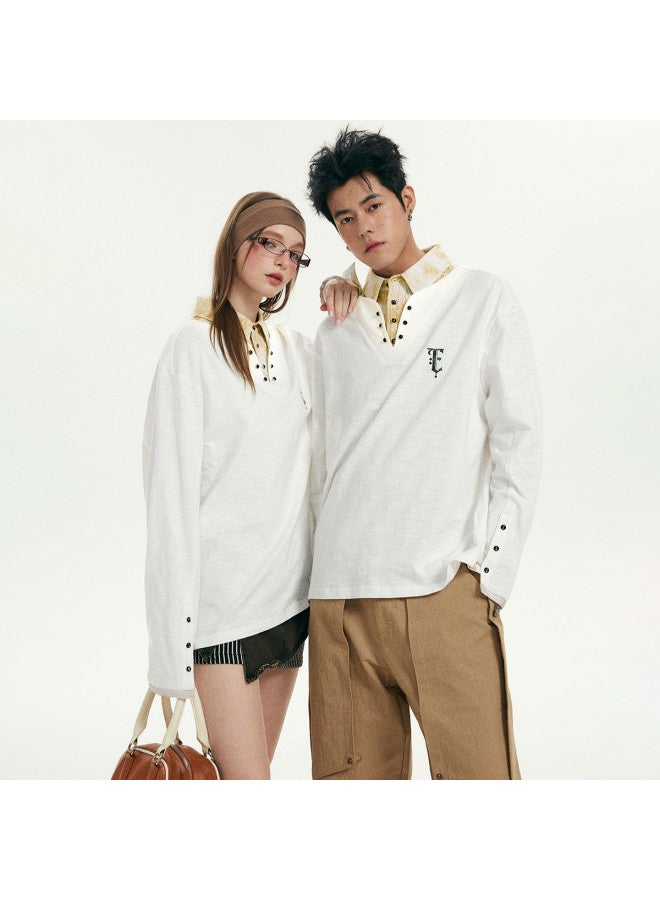 EPTISON 100% Cotton Vintage Breathable Slub Cotton Henley Neckline Fake Two-piece Long Sleeve T-shirt For Men - Image 2