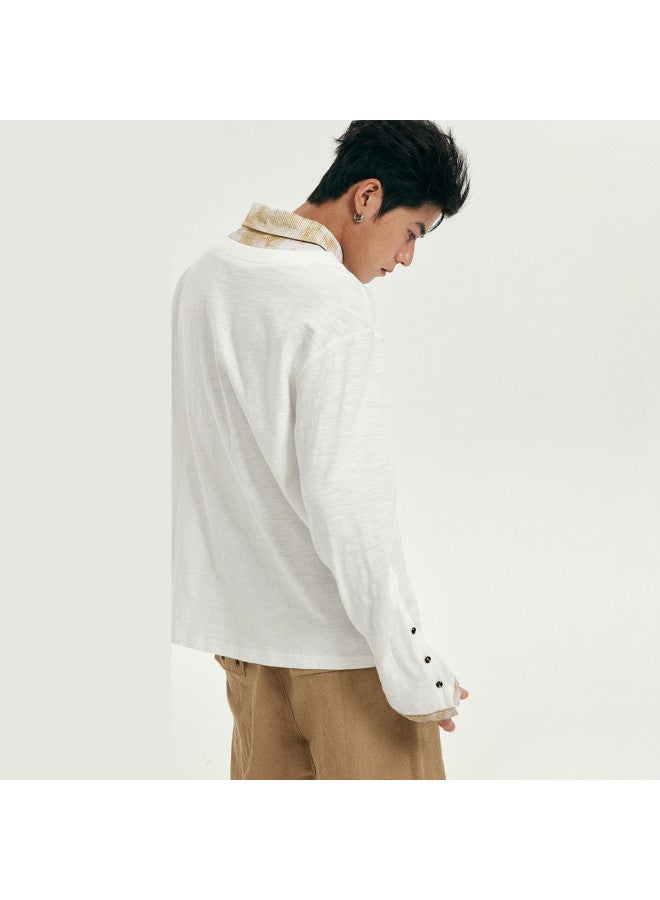 EPTISON 100% Cotton Vintage Breathable Slub Cotton Henley Neckline Fake Two-piece Long Sleeve T-shirt For Men - Image 5