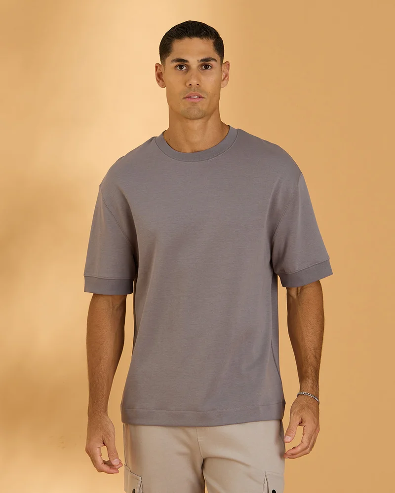 REDTAG Men Charcoal Interlock Lounge T Shirt