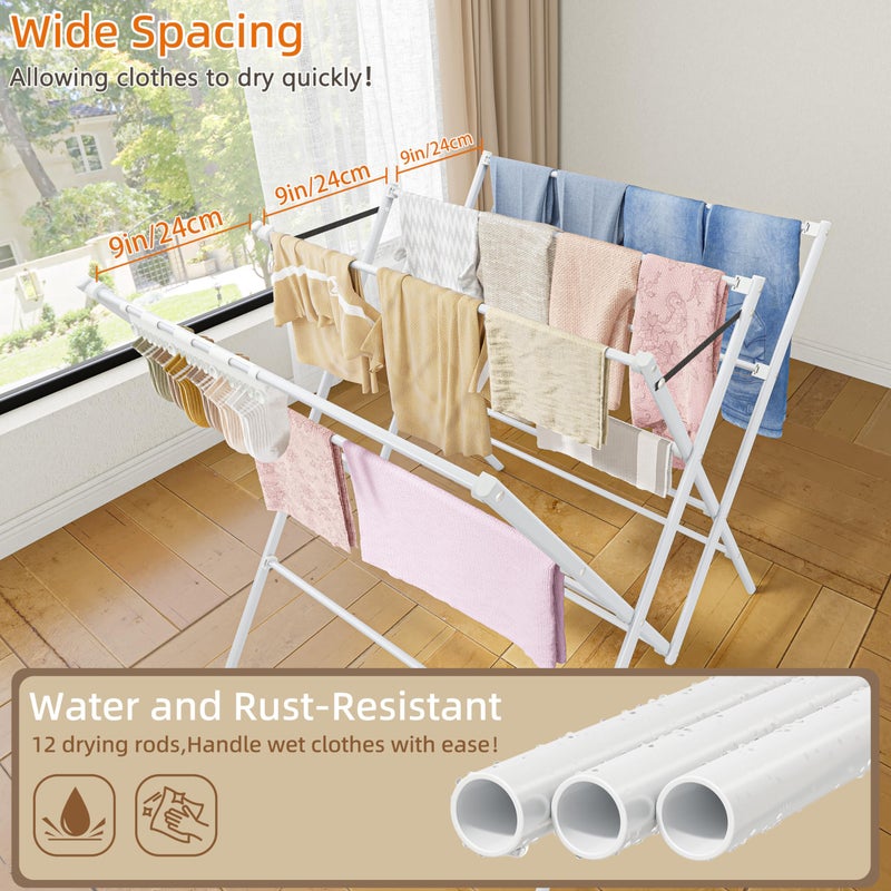 HOMIDEC Drying Rack Clothing,Large 12 Drying Poles with Sock Clips Clothes Drying Rack,Foldable Portable Laundry Drying Rack for Air Drying Clothing,Towels,Delicate Eac,Indoor Outdoor Use.White - Image 4