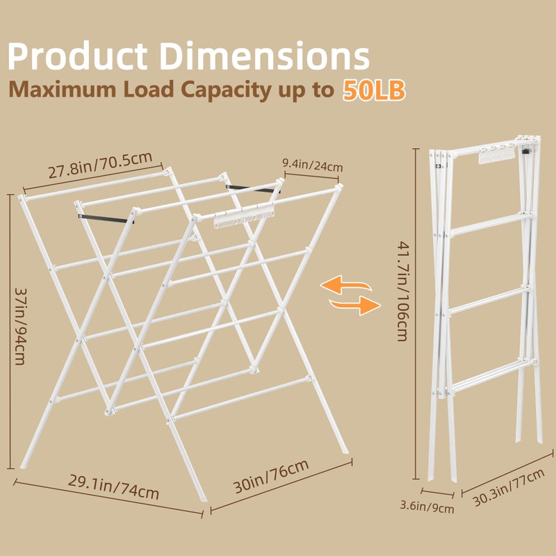 HOMIDEC Drying Rack Clothing,Large 12 Drying Poles with Sock Clips Clothes Drying Rack,Foldable Portable Laundry Drying Rack for Air Drying Clothing,Towels,Delicate Eac,Indoor Outdoor Use.White - Image 3