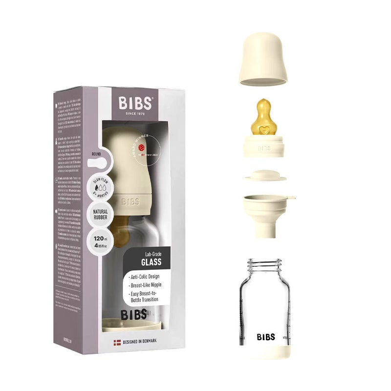 BIBS Glass رضّاعة دائري Latex - 1 pack 120 مل Slow Flow Ivory