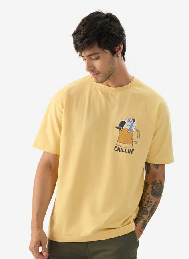 The Souled Store Men's Yellow Printed Cotton Oversized T-Shirt