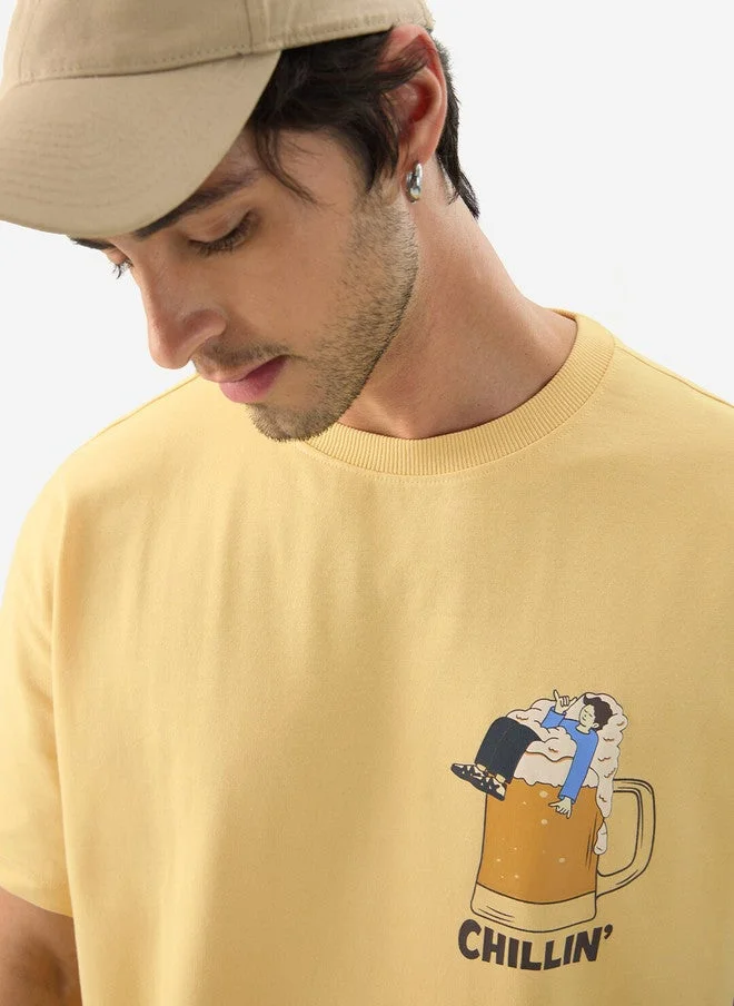 The Souled Store  The Souled Store Men's Yellow Printed Cotton Oversized T-Shirt  | Best Price UAE