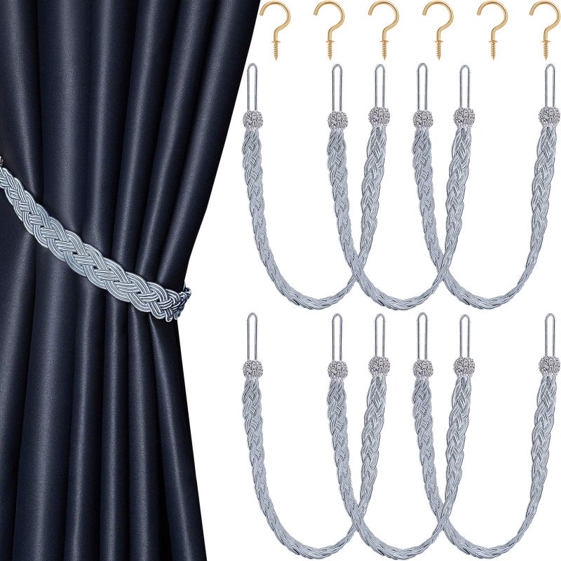 Blulu Blulu 6 Pieces Braided Curtain Tiebacks Rope Belt Curtain Ties and 6 Pieces Hooks Metal Tieback Hooks for Window AccessoriesGrey 