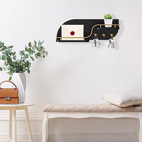 Karisky Key Holder for Wall, Decorative Key and Mail Organizer with 3 Metal Hooks and 2 Shelves, Wood Wall Mounted Key Rack for Entryway, Black - Image 3