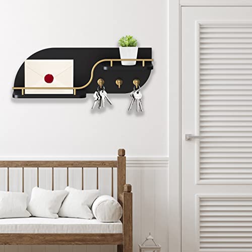 Karisky Key Holder for Wall, Decorative Key and Mail Organizer with 3 Metal Hooks and 2 Shelves, Wood Wall Mounted Key Rack for Entryway, Black - Image 4
