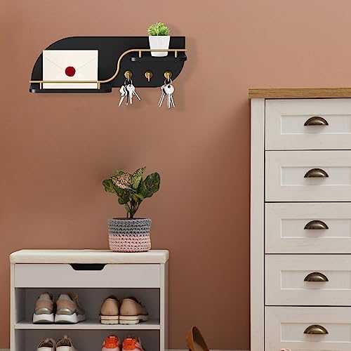 Karisky Key Holder for Wall, Decorative Key and Mail Organizer with 3 Metal Hooks and 2 Shelves, Wood Wall Mounted Key Rack for Entryway, Black - Image 2