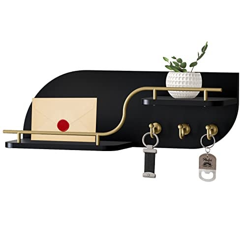 Karisky Key Holder for Wall, Decorative Key and Mail Organizer with 3 Metal Hooks and 2 Shelves, Wood Wall Mounted Key Rack for Entryway, Black - Image 1