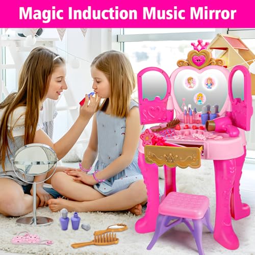AugToy Toddler Vanity Magic Makeup Set Table and Chair Girl Toy Automatically Mirror with Music Light Pink Toys for 3 4 5 Year Old Girls Hair Salon Pretend Play Princess Dress Up Playset Gift Toddler 3-5 - Image 5